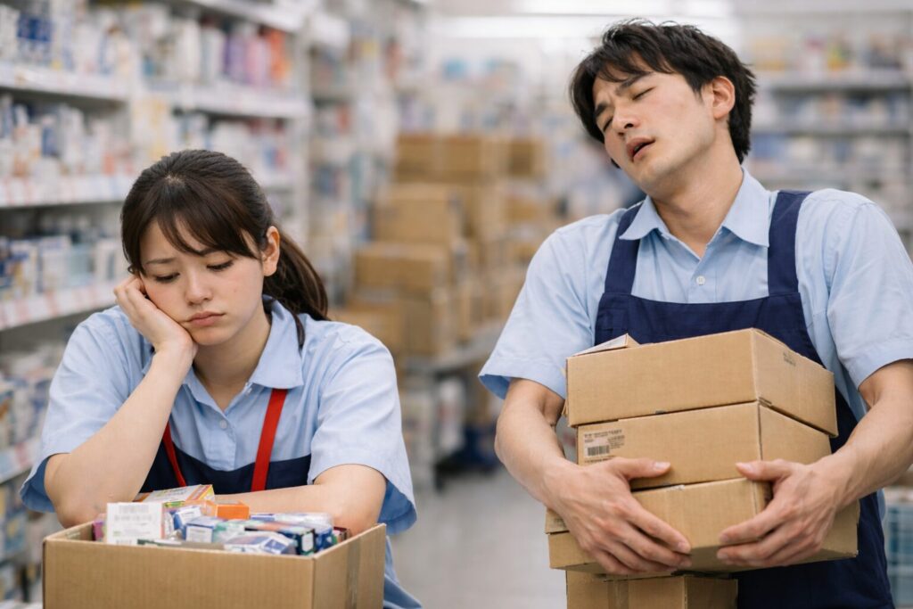 ドラッグストアで働くバイト経験者が、忙しさや疲れを感じながら店内で作業している様子の実写写真