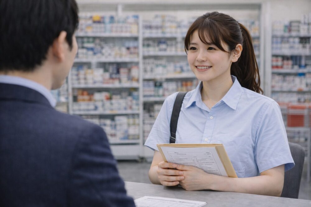 ドラッグストアのアルバイト採用を勝ち取るために、明るい笑顔と丁寧な受け答えを意識して面接に臨む様子。ドラッグストアの面接で好印象を与え、合格に近づくためのポイント。