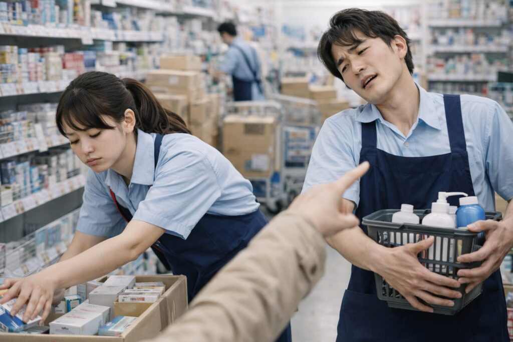 ドラッグストアのバイトで品出しや接客に追われ、忙しさや人手不足から「きつい」「もう辞めたい」と感じているスタッフの様子を写した実写写真