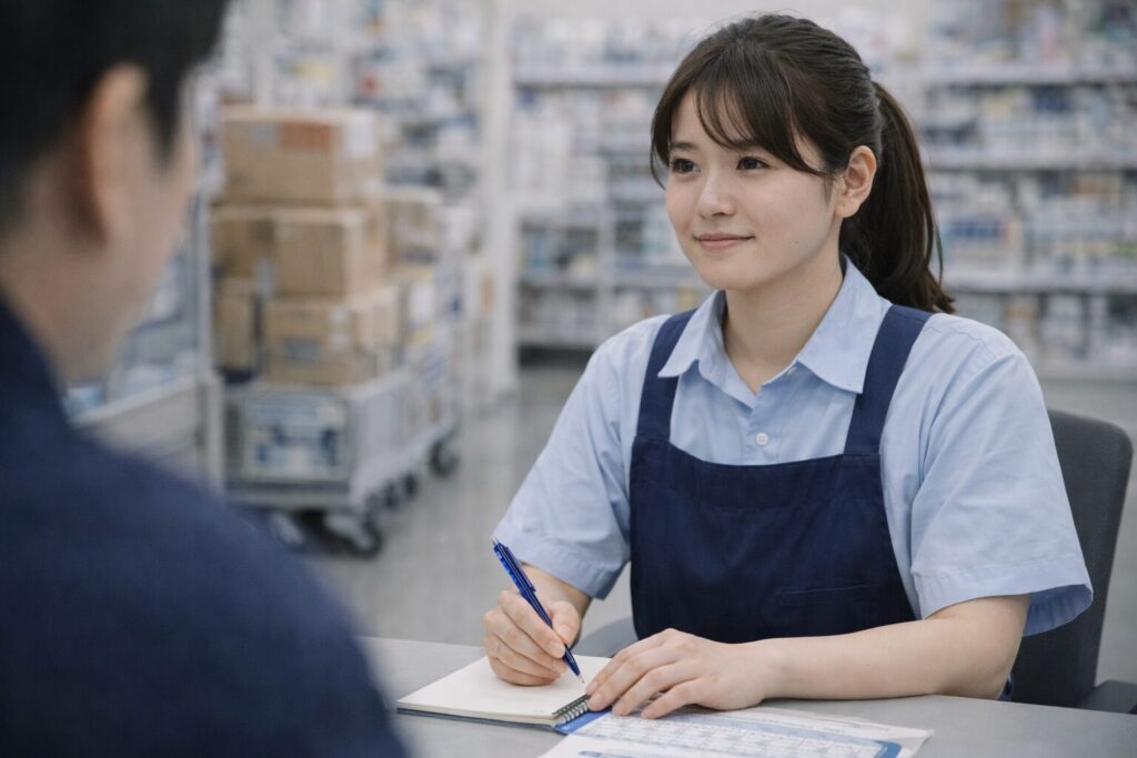 ドラッグストアのバイトを辞めたいと考え、店長との面談に向けて落ち着いた表情で準備をしているスタッフの様子を写した実写写真
