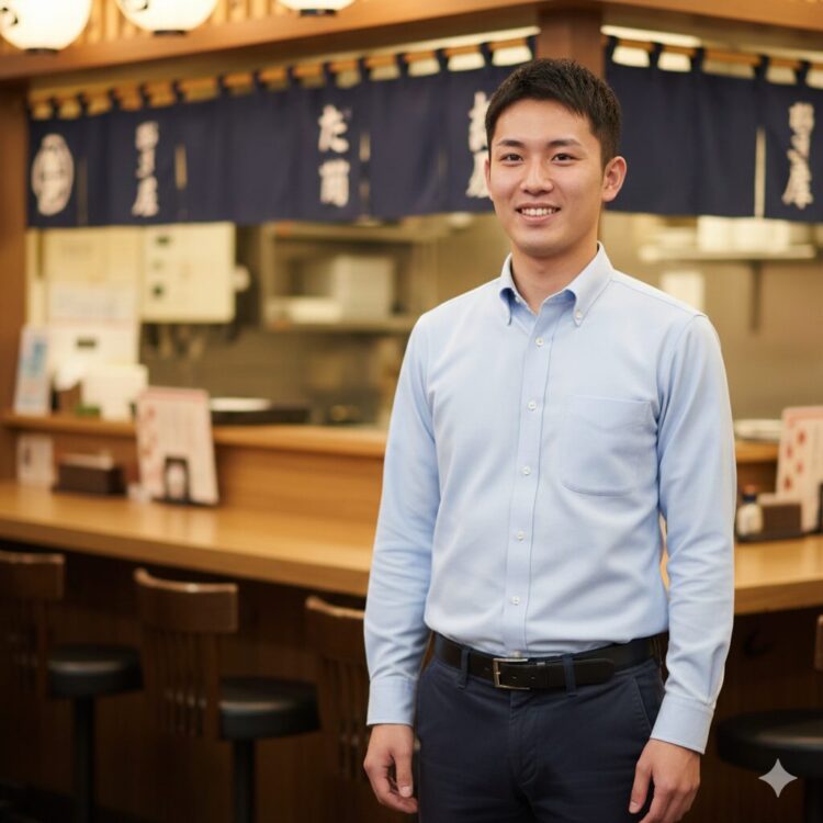 居酒屋のバイト面接で、清潔感のある私服を着て身だしなみを整えた若い男性。好印象を与える面接時の服装を意識したイメージ。