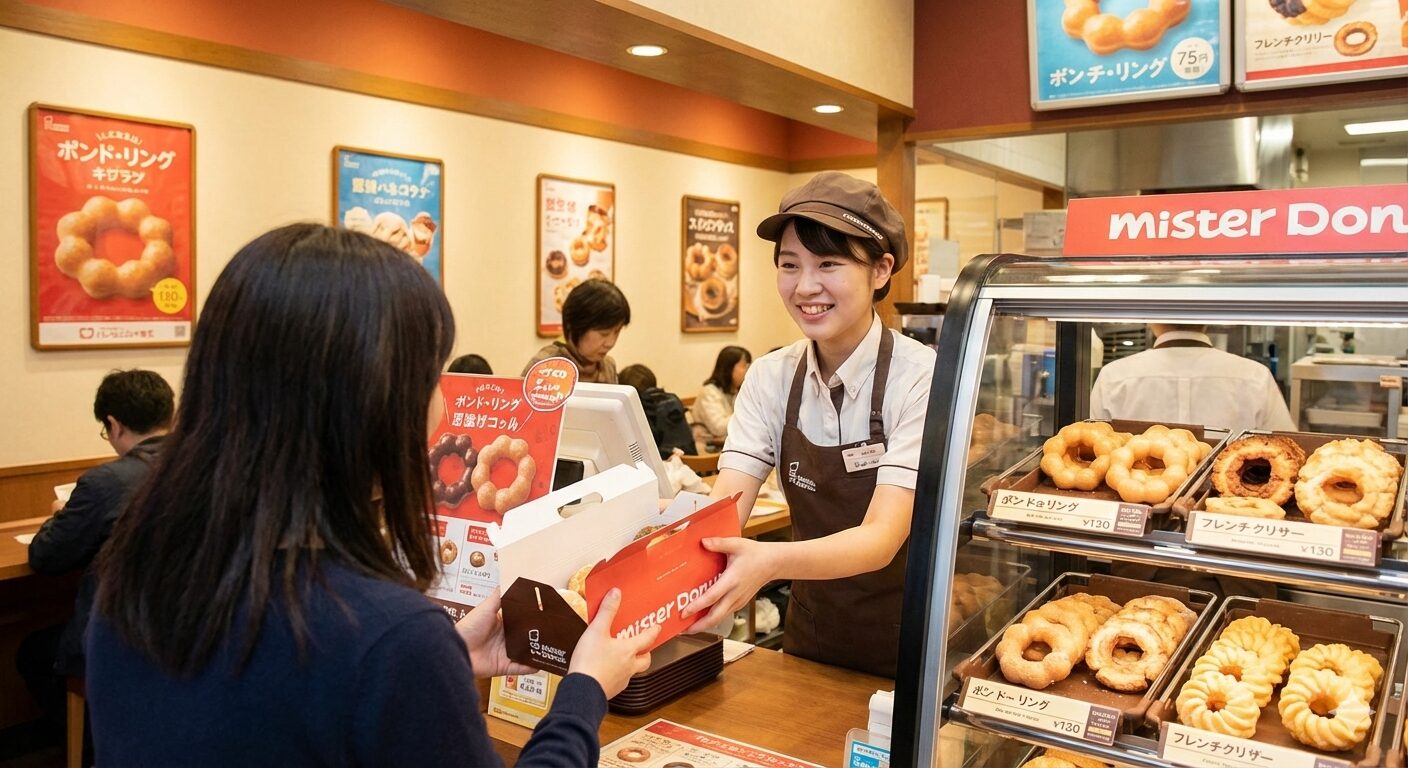 ミスタードーナツの制服を着用し、笑顔でレジ接客を行っているアルバイト店員の様子。ミスドのバイトが「きつい」「もう辞めたい」と噂される理由や、実際の評判について深掘りする記事のメインビジュアル。