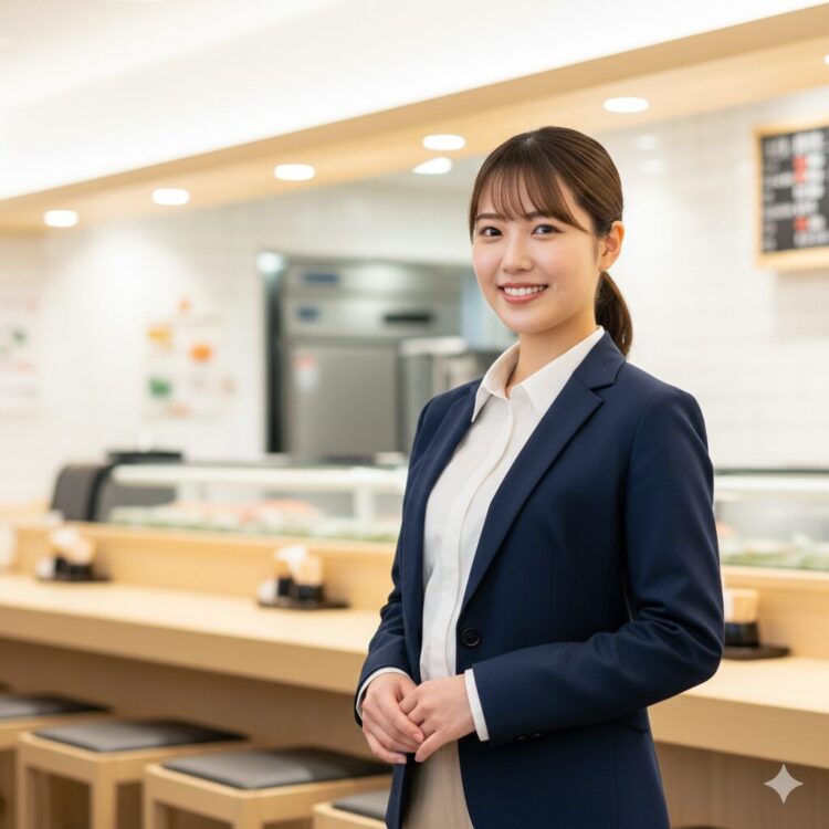 スシローのバイト面接で好印象を与える、清潔感のある服装と身だしなみを整えた学生風の女性。明るい表情で、面接に臨む準備ができた様子。