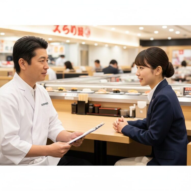 スシローのアルバイト面接で、面接官からの質問に真剣に答える応募者の様子。よく聞かれる質問への準備がしっかりできているイメージ。