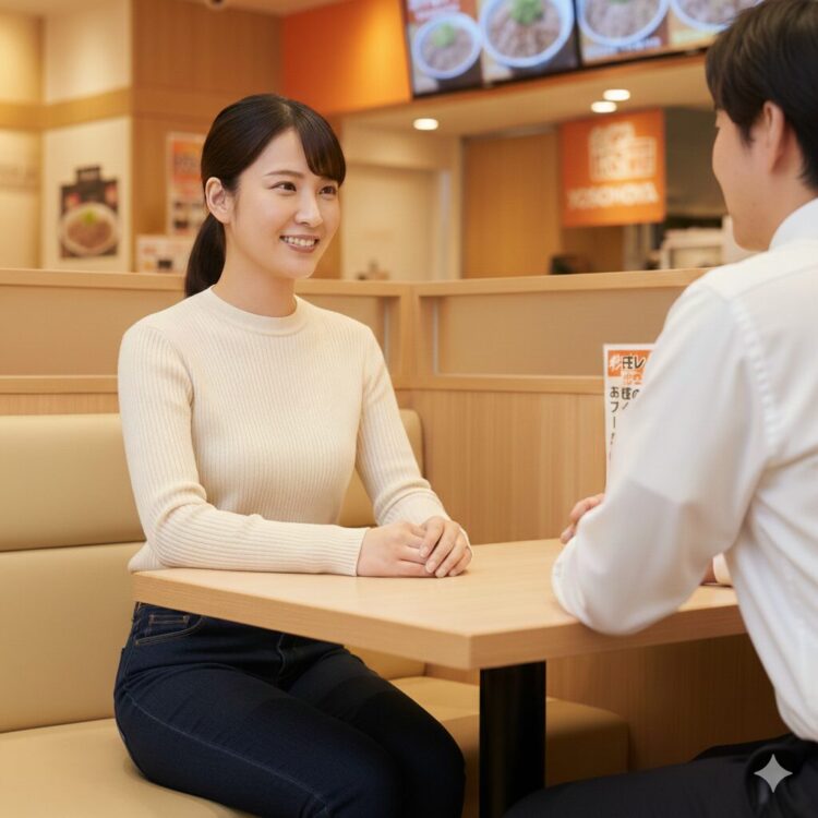 吉野家のバイト面接に向けて、服装や身だしなみを整え、質問や志望動機の受け答えを意識して面接に臨むアルバイト志望者の様子