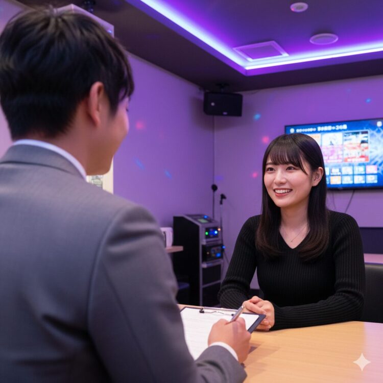 カラオケのバイト面接に向けて、明るい笑顔で身だしなみを整えた女性。面接で聞かれる質問への対策や志望動機を確認し、活気あるカラオケ店での勤務に意欲を持つ様子。