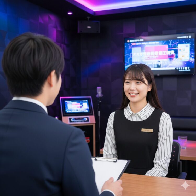 カラオケのバイト面接で採用されるために、清潔感のある服装や整った身だしなみを意識し、笑顔で志望動機を伝える応募者の様子。質問に対して明るくハキハキと受け答えをする、面接突破のポイントを押さえたシーン。