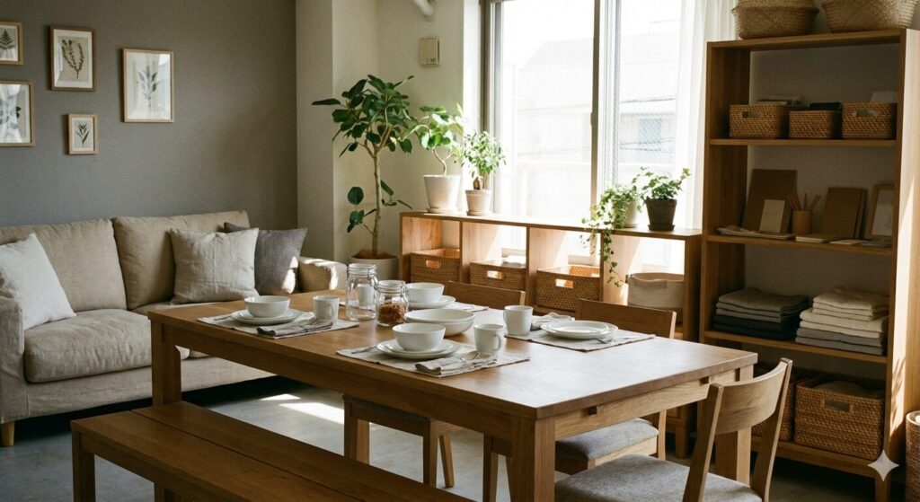 無印良品の家具や雑貨でシンプルに整えられた、清潔感のあるナチュラルな部屋の風景。無印良品でのバイトが「きつい」と感じる理由や評判を総括し、自分のライフスタイルに合った働き方を再検討するためのまとめセクションのイメージ。