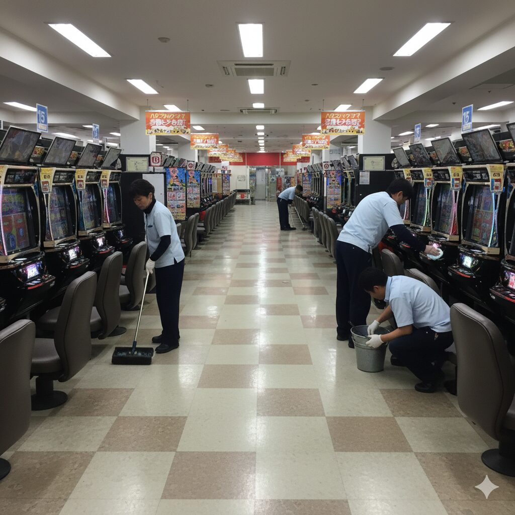 パチンコ店内で、スタッフが遊技台の清掃をしている写真。パチンコ店清掃バイトの仕事内容と体験談