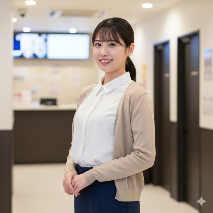 カラオケのバイト面接に適した、清潔感のある服装と整えられた身だしなみで笑顔を見せる女性。面接官に好印象を与えるための準備が整った様子。