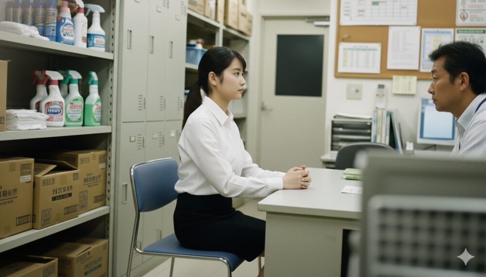 ミニストップのバイト面接で、追加の質問に落ち着いて答える清潔感のある応募者。