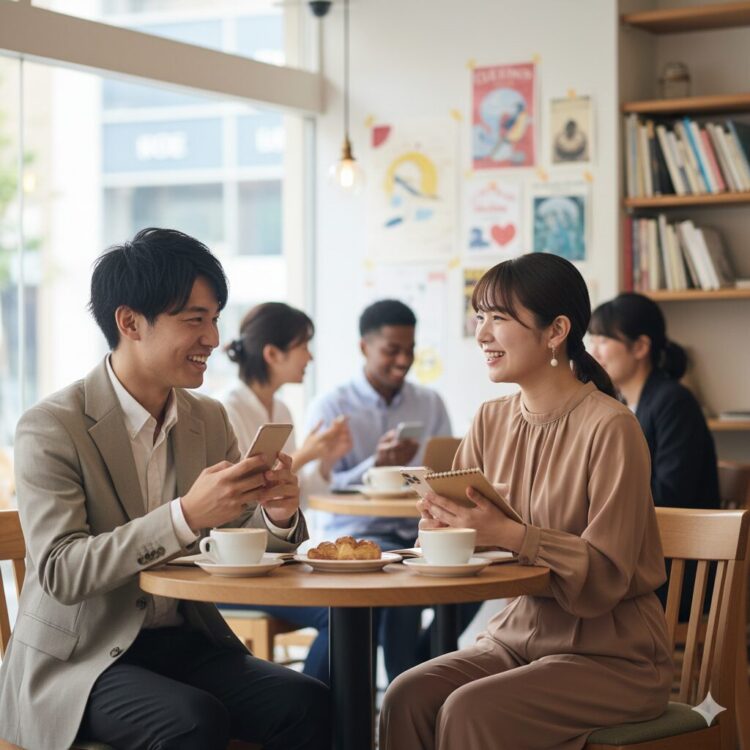 居酒屋のアルバイト面接後、カフェで友人同士が楽しそうに話しながら口コミを共有している様子。面接の感想や経験談を語り合う若者たちのイメージ。