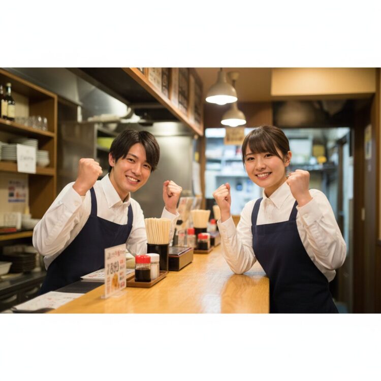 無事採用が決まってガッツポーズをしているバイト店員。