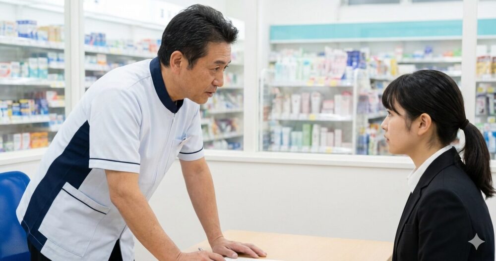 ドラッグストアのアルバイト面接に向かう、清潔感のある服装をした学生風の女性。店舗の前で志望動機や質問の回答を最終確認している様子。