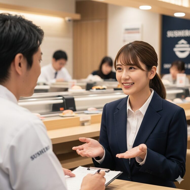 スシローのバイト面接を受けている様子。服装や身だしなみを整え、面接官と向かい合って質問に答えている学生アルバイト志望者。