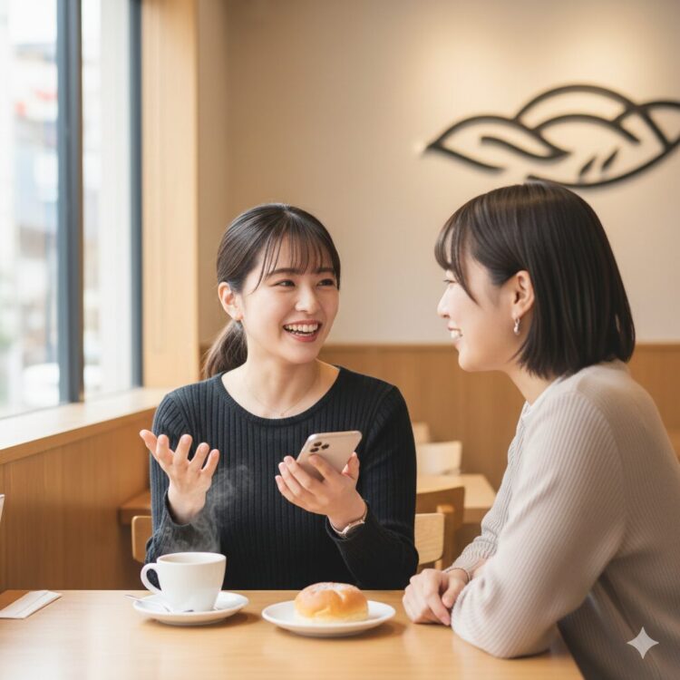 スシローのバイト面接を受けた人が、面接体験や感想を友人に話している様子。笑顔で面接の様子を共有し、口コミとして参考になる情報を提供しているイメージ。