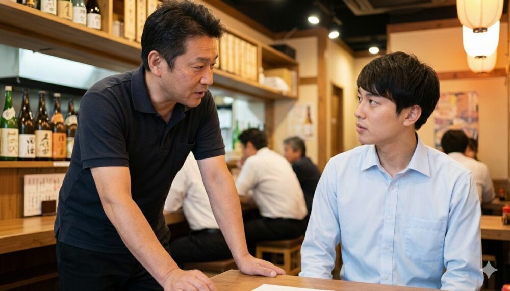 居酒屋のアルバイト面接で、店主からの質問に真剣な表情で答える清潔感のある服装の若者。居酒屋バイトでよく聞かれる質問への受け答えをイメージしたシーン。