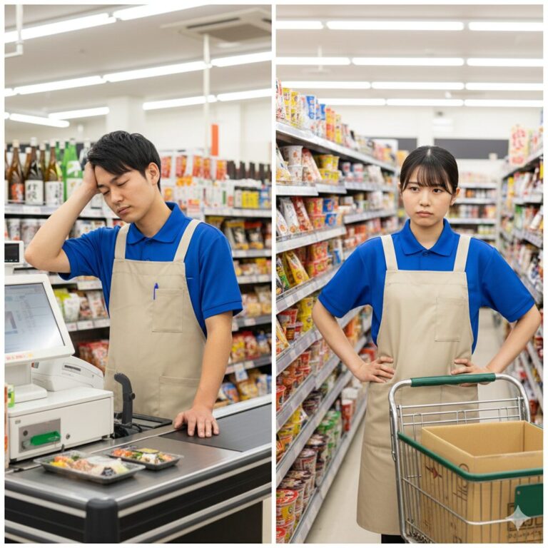 スーパーのバイトがきつくて辞めたいと悩む人のイラスト。体験談と口コミ評判をまとめた記事のアイキャッチ画像