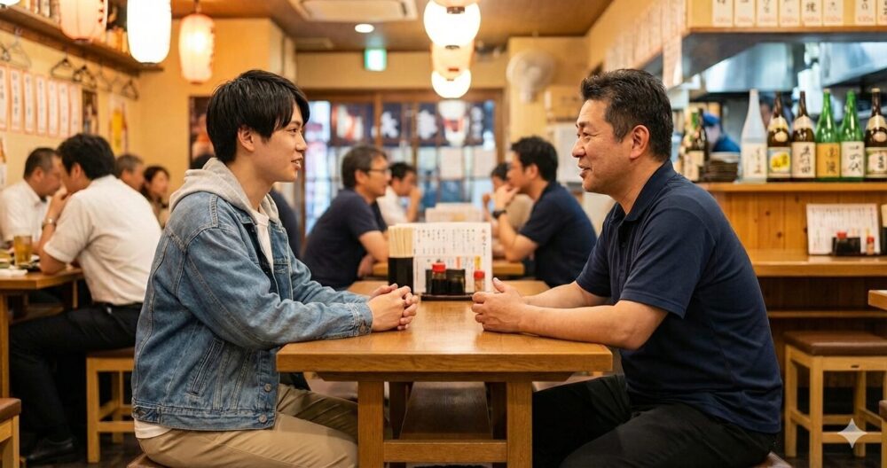 居酒屋のアルバイト面接で、清潔感のある私服を着て質問に答える男子学生。身だしなみのマナーを守った誠実な印象の面接風景。