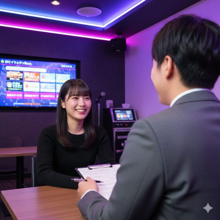 カラオケのバイト面接で、よく聞かれる質問に対してハキハキと受け答えをする清潔感のある服装の女性。背後にはカラオケ機器が並び、志望動機や身だしなみを意識して面接に臨む様子。