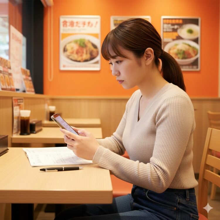 吉野家のバイト面接を受けた人の口コミを参考に、対策を確認する応募者。