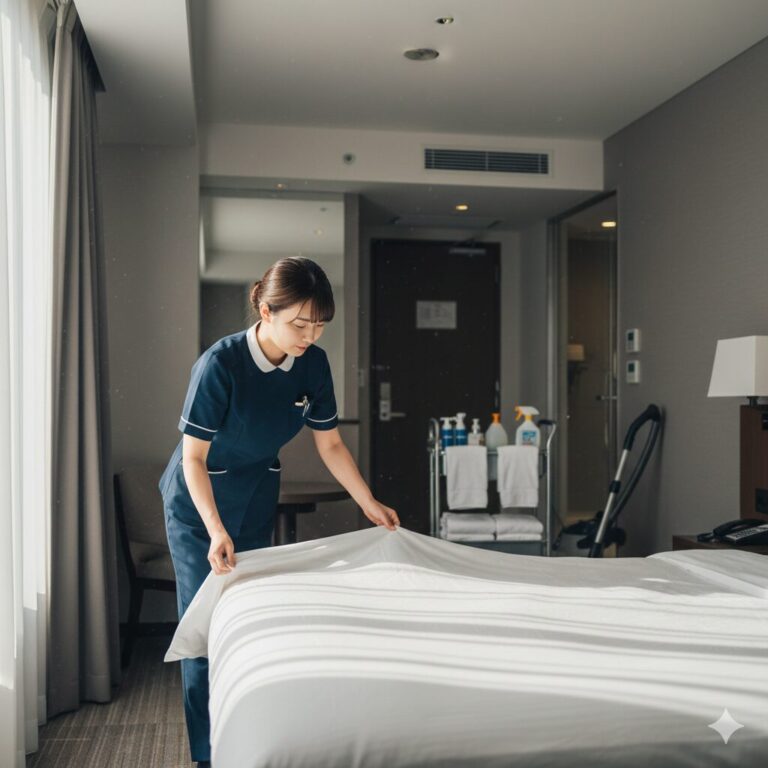 ホテルの客室清掃バイトの体験談記事のアイキャッチ画像。ベッドメイクをするスタッフと、ラブホテル清掃がきついという評判