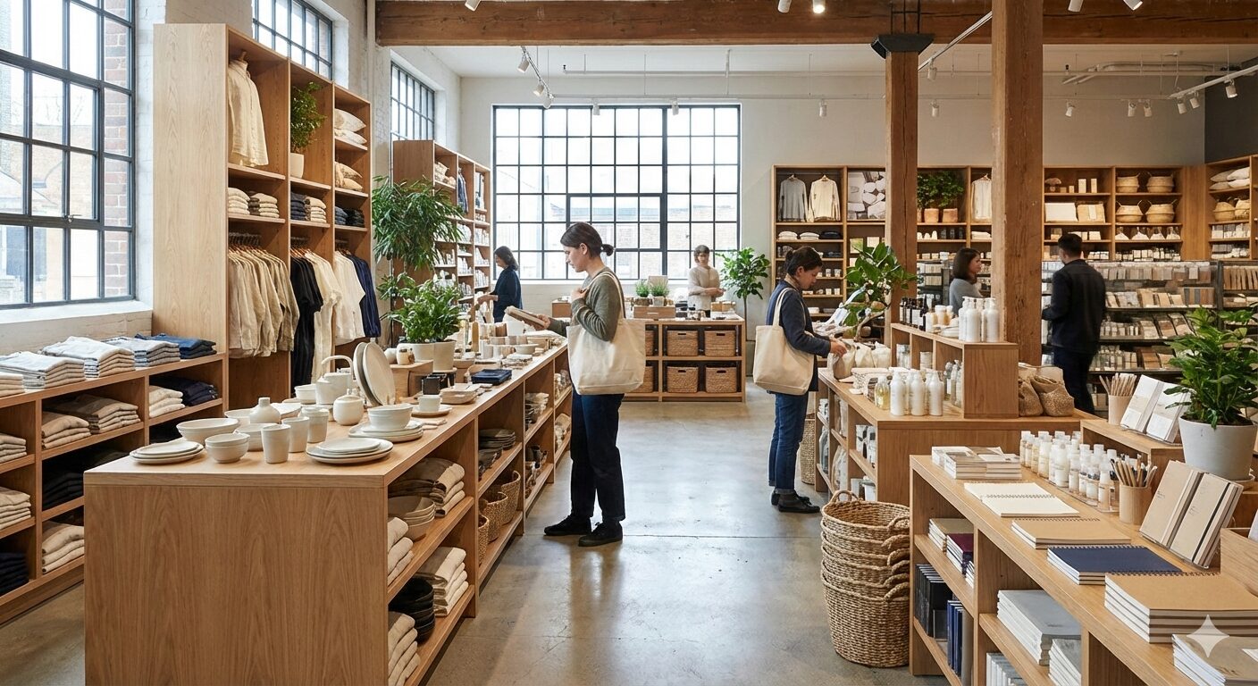 無印良品特有の木目調の棚や整理整頓された商品が並ぶ、清潔感のある店内のイメージ。無印良品のバイトが「きつい」と言われる理由や、「辞めたい」という口コミの真相を詳しく解説する記事のメインビジュアル。