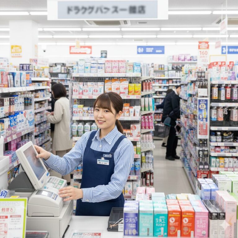 ドラッグストアの店内で、少し疲れた表情を浮かべながらも誠実にレジ接客を行うアルバイト店員の様子。背景には整理された商品棚が広がり、ドラッグストアのバイトが「きつい」「もう辞めたい」と噂される理由や実際の評判を解説する記事のメインビジュアル。