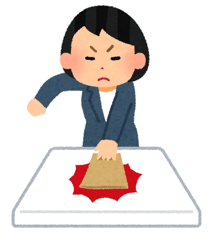 バイトの辞め方に関する【参考情報】。感情的にならず、正しい辞め方を解説する記事で、退職届を机に叩きつけている女性のイラスト。