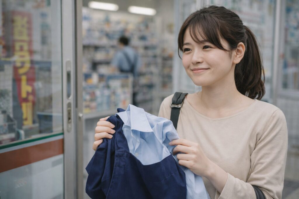 ドラッグストアのバイトを実際に辞めた女性が、退職後に制服を返却しながら気持ちが軽くなった様子を写した実写写真