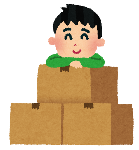まとめの挿絵。引越しバイトの作業を終え、積み重ねられた段ボール箱に寄りかかって休憩し、ほっと一息ついている男性スタッフのイラスト。
