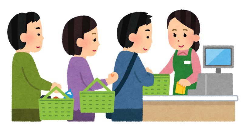 セイコーマートの店舗で、混雑時にレジ対応に追われる女性店員。バイトが「きつい」「辞めたい」と感じる主な理由である接客業務の負担を示すイメージ。