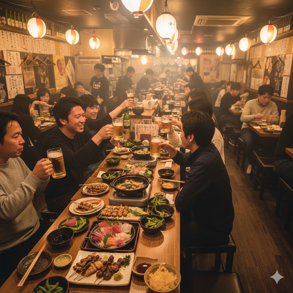 活気ある居酒屋の店内と並べられたジョッキ。居酒屋バイトの「きつい」「もう辞めたい」というリアルな口コミや評判を徹底検証する記事のイメージ写真。