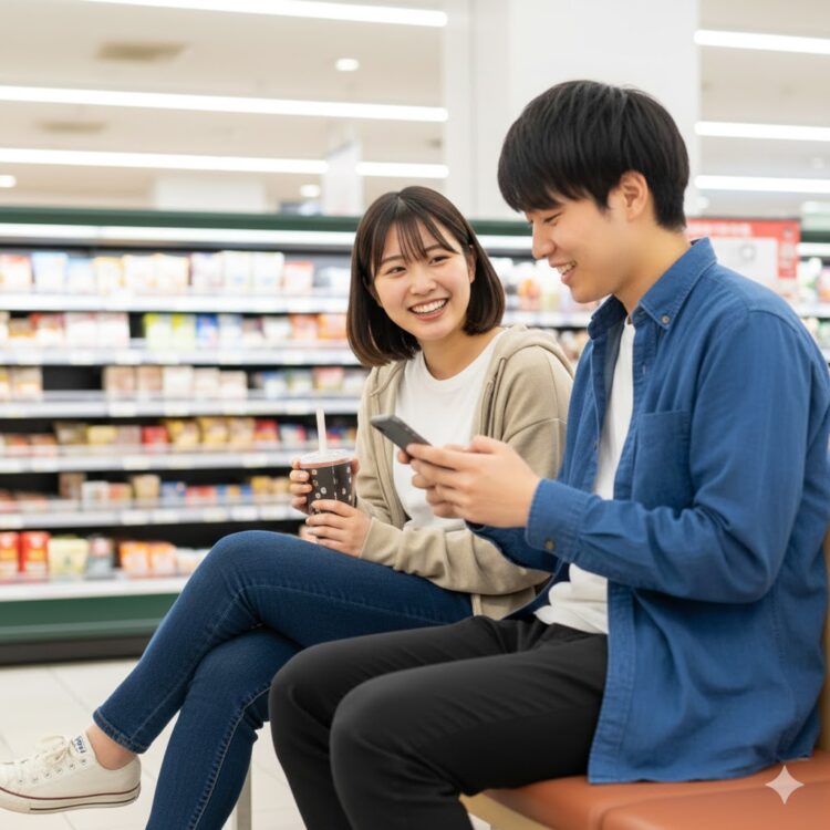 スマートフォンの画面を見ながら笑顔で会話する若い男女の様子。アルバイトの口コミや体験談を共有しているシーンをイメージした写真。