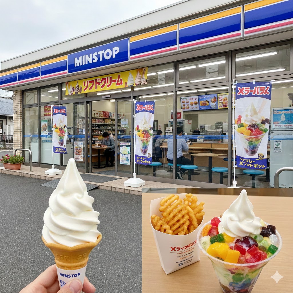 ミニストップの外観と、店内のイートインスペースで提供されるソフトクリームやポテトなどの人気商品のイメージ。アルバイトの仕事内容を連想させるコンビニ店舗の風景。